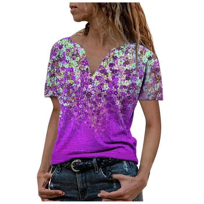Plus Size Tops Women Loose V-neck Tunic Flowers Print Casual Shirts Summer Short Sleeve Blouse Women Blouses