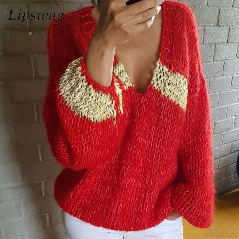 Women Winter V Neck Warm Pullover Tops Fashion Casual Loose Sweaters Elegant Long Sleeve Gold Wire Knitted Sweater Jumper Autumn