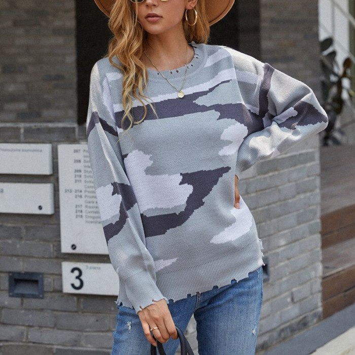Crewneck Sweater Women's 2021 Autumn/Winter New Hand-cut Hole Tassels Long-sleeved Thick Camouflage Knit Sweater Top