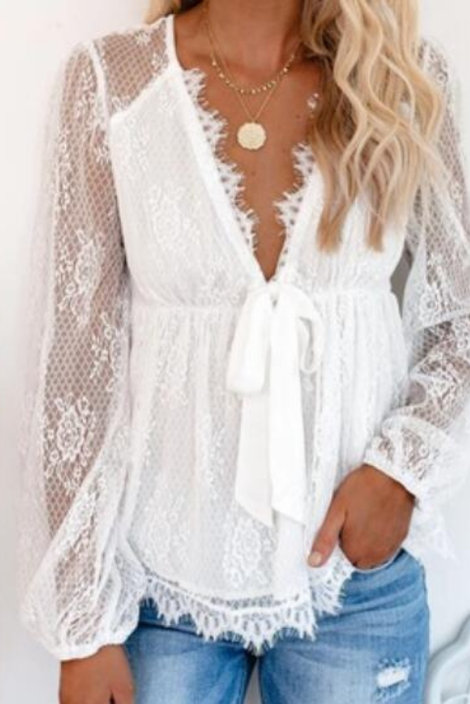 Women Shirts Autumn Mesh Sheer See Through Sleeve Patchwork Blouses 2021 New Fashion Sexy Lace V-neck Hollow Out OL Shirts