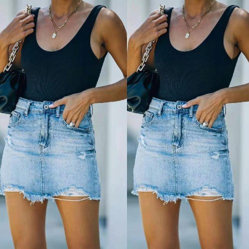 Ripped Tassel Trend Hem 2021 Summer Simplicity Casual Skorts Women Temperament Women's Denim Bag Hip Skirt Wash Water Skirt