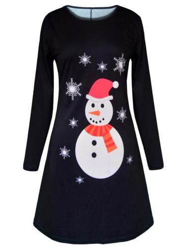 Women's Retro Christmas Long Sleeve Snowman Image Vintage Dress