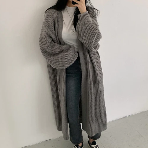 Women Casual Long Knitted Cardigan Tops Vintage Loose Sweater Coat Black Color Oversized Jumper Korean Fashion Retro Clothes