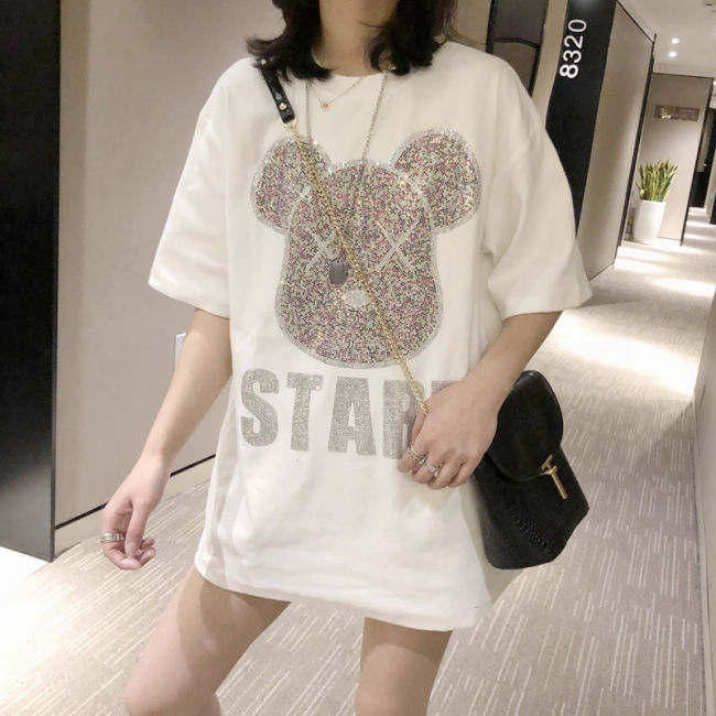 Super Heavy Industry Hot Rhinestone Bear New Mid-length Short Sleeve T-shirt Women's Cotton Breathable Half Sleeve Oversized Top