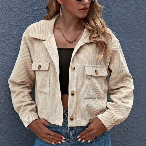Fashion Turn-Down Collar Single-breasted Coats 2021 Autumn Winter Solid Women Short Jacket Warm Corduroy Lady Casual Outwears