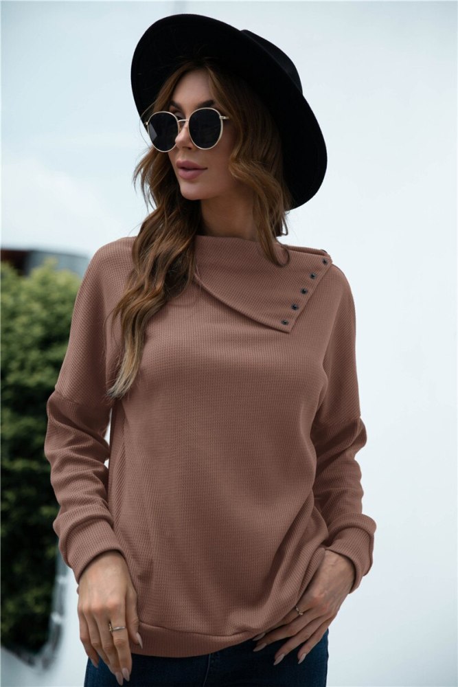 Fashion Women Solid Color T-Shirts Patchwork Design Button Decor Side Turn-down Collar Long Sleeve Spring Autumn Casual Top