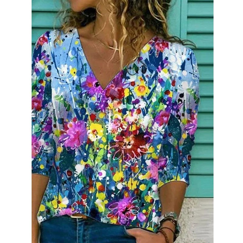 2021 New Summer V-Neck Loose T-Shirt Short Sleeve Boho Style Shirt Fashion Plus Size Printed Tops