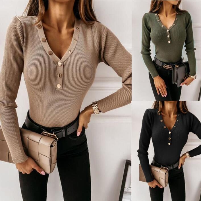 Autumn Winter Solid Color Single-Breasted Sweater Women's Casual Long Sleeve V-neck Slim Fit Pullover Knitted Sweater