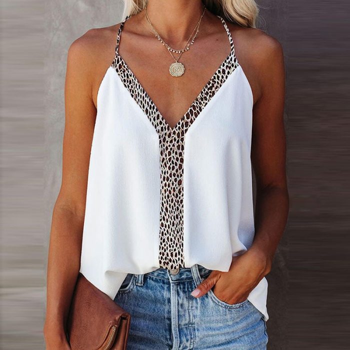 Summer Deep V-neck Sexy Low-cut Strap Leopard Print Top Casual Street Commuter Women's Top Party Date Nightclub Style