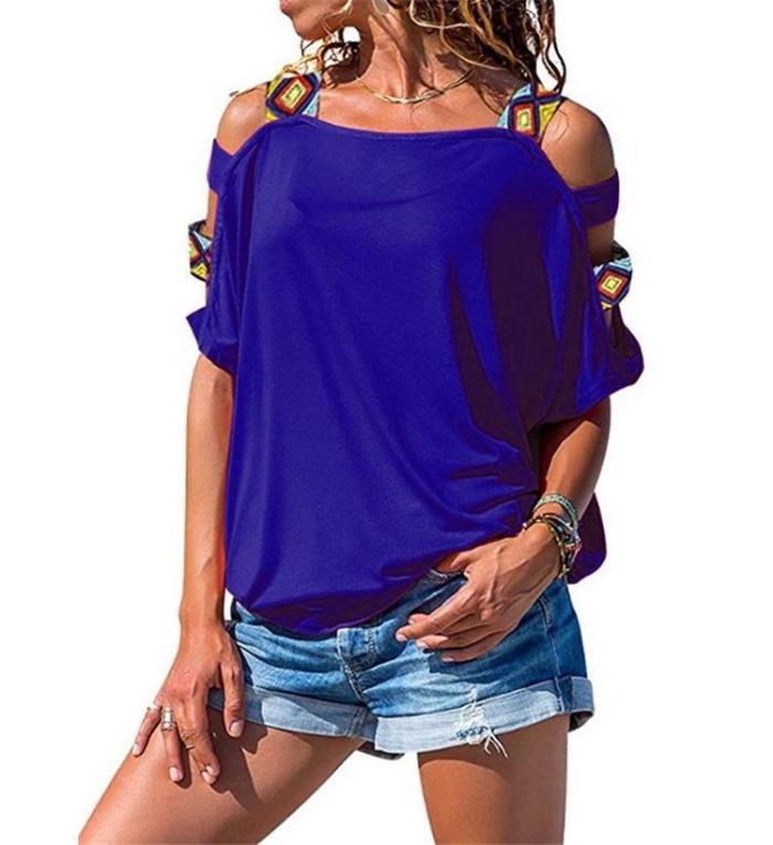 Women's Solid Color Cutout Short Sleeve Strapless T-shirt Top