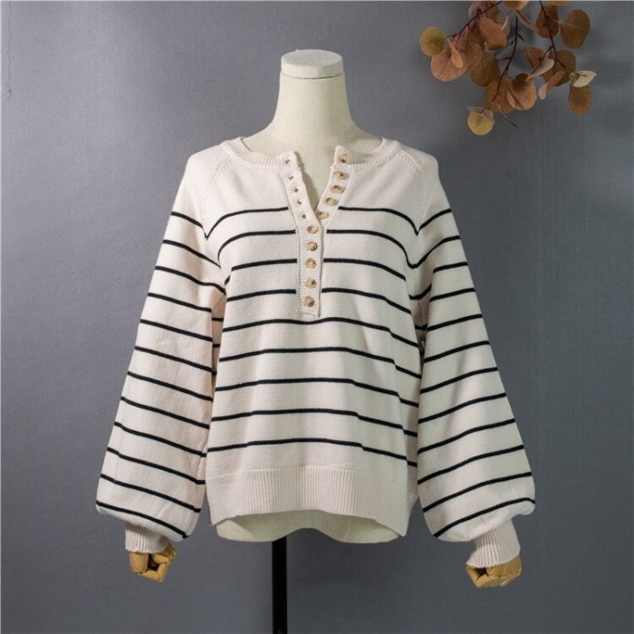 Women V-Neck Buttons Knitted Pullovers Striped Sweater