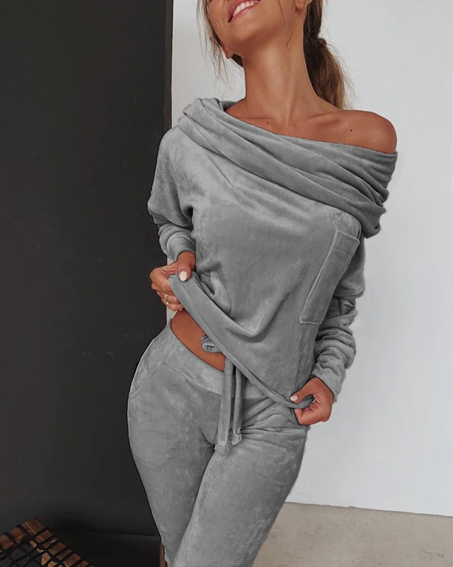 Sweatshirt Women 2 pieces Set Tracksuit Autumn One shoulder Sweatshirt Pants Sets Sport Wear Tracksuit Velvet Lounge Suit