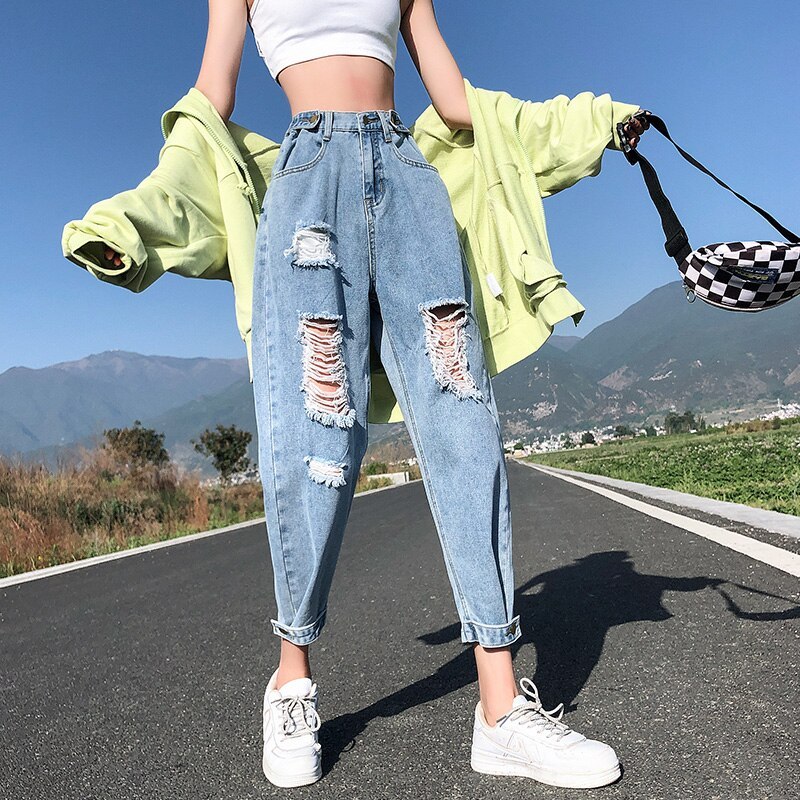 Fashion Vintage Ripped For Women High Waist Blue Jeans