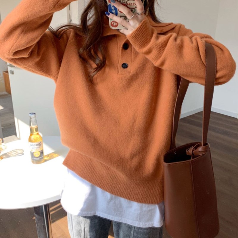 Women Elegant Button Turtleneck Sweater Korean Harajuku Solid Loose Pullovers Vintage Chic Knitting Jumpers Oversized Tops