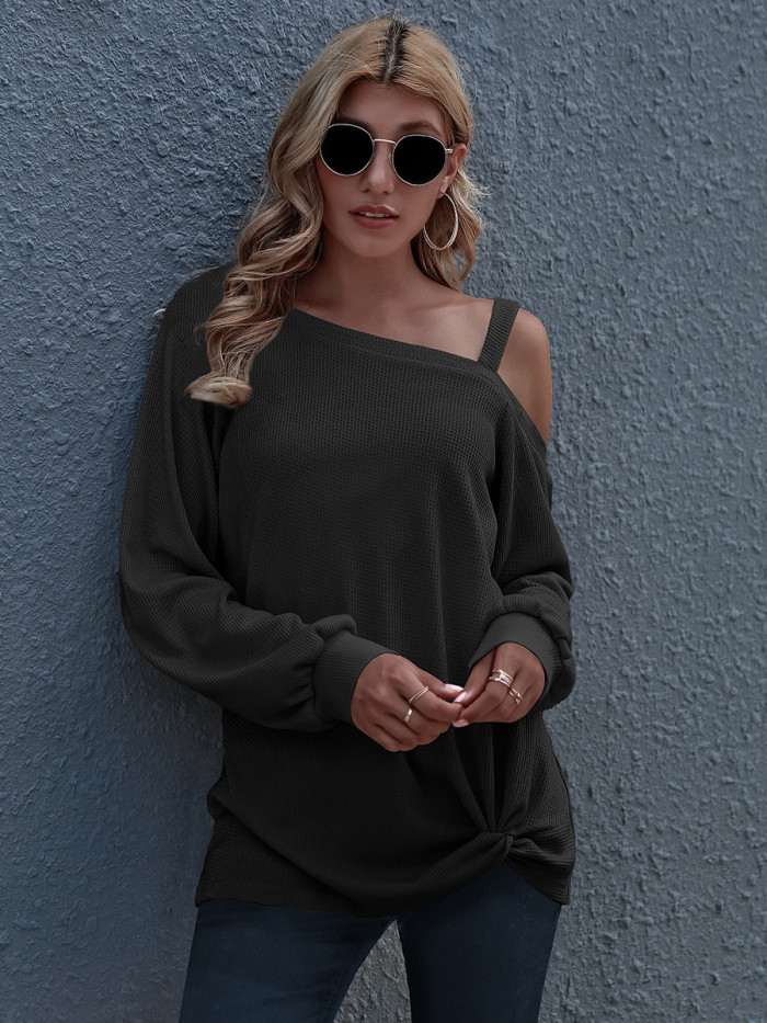 Autumn Women's Cold Shoulder Tops Casual Long Sleeve Twist Knot Front Blouses Solid Color T-Shirts