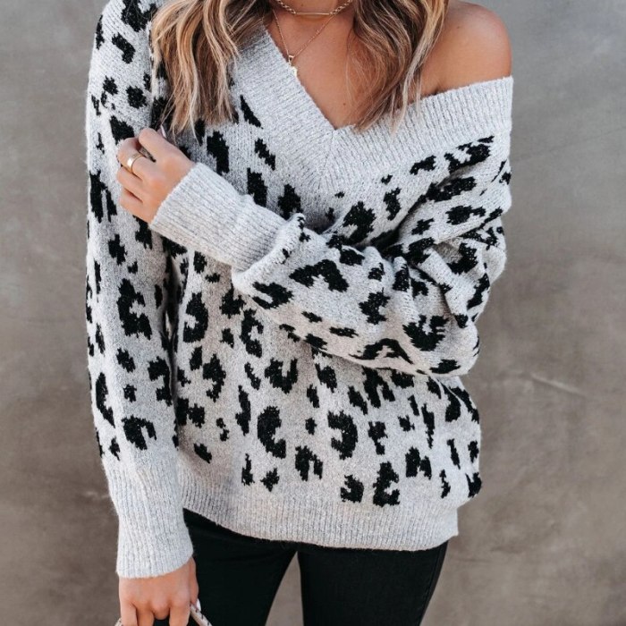 Women's V-neck Strapless Leopard Pullover Loose Sweater Pullover Knitted Sweater Streetwear Vintage Aesthetic Clothes