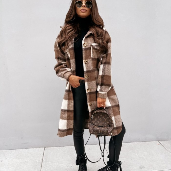 Autumn Winter Women Long-Sleeved Plaid Printed Shirt Jacket Fashion Loose Turn Down Collar Single-Breasted Long Shirt Coat Femme