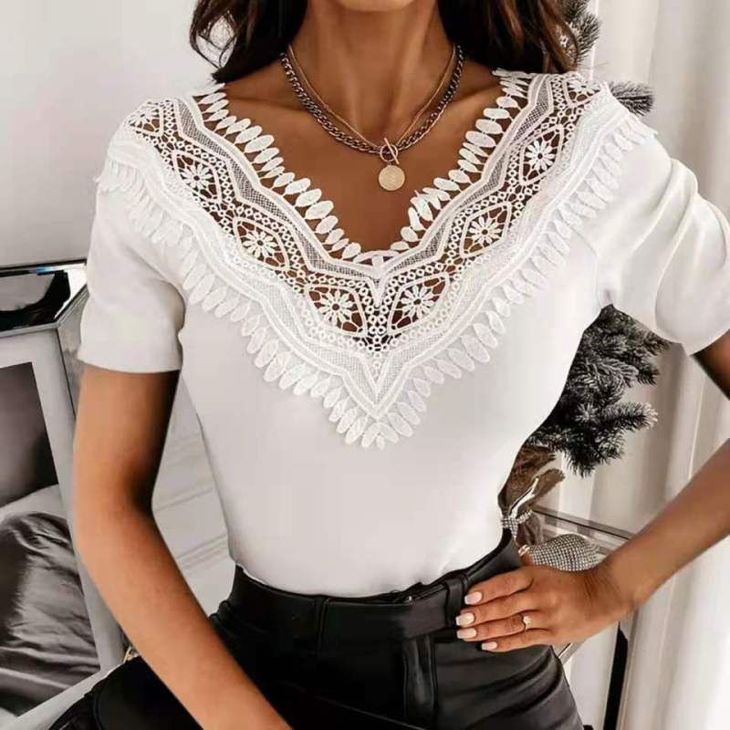 2021 Fashion Lace Sexy Women'S Shirts Solid Short Sleeve Summer Hollow Out Patchwork Casual Tunic Tops Women Clothing