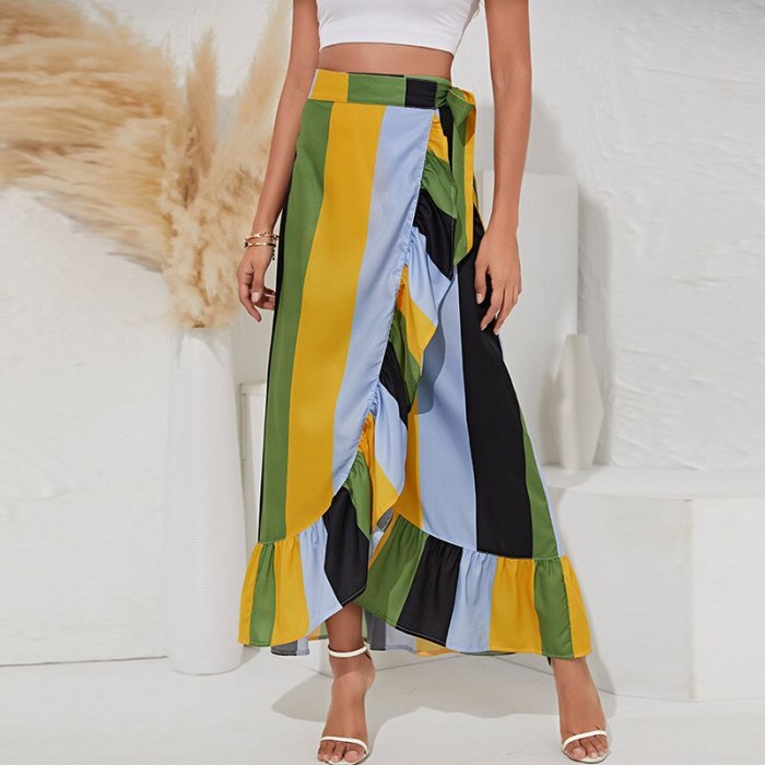 Women Striped skirts New Arrival 2021 Irregular Length Ruffle Split Bohemian Midi Skirt Contrast Color Patchwork Fashionable