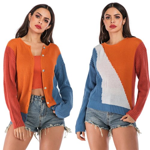 Women's Clothing 2021 Autumn New Europe & America Colour Clash Women Sweater Round Neck Loose Double-sided Wear Cardigan Women