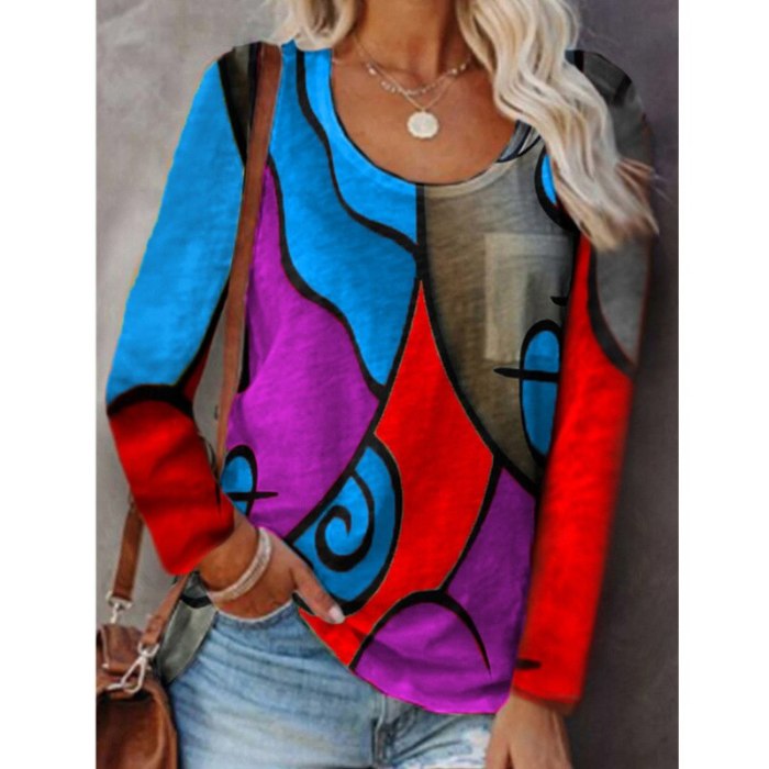 2021 Autumn And Winter New Style European And American Contrast Stitching Geometric Printing Casual Long-Sleeved T-Shirt Women