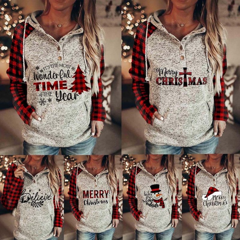 Women Casual Christmas Hoodie Long Sleeves Buttons Collar Pockets Sweatshirt Elk Print Pullover Tops