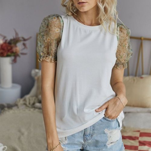 Summer Mesh Print Puff Sleeve T-Shirt Women Solid O-neck Casual Patchwork Cotton T-Shirts