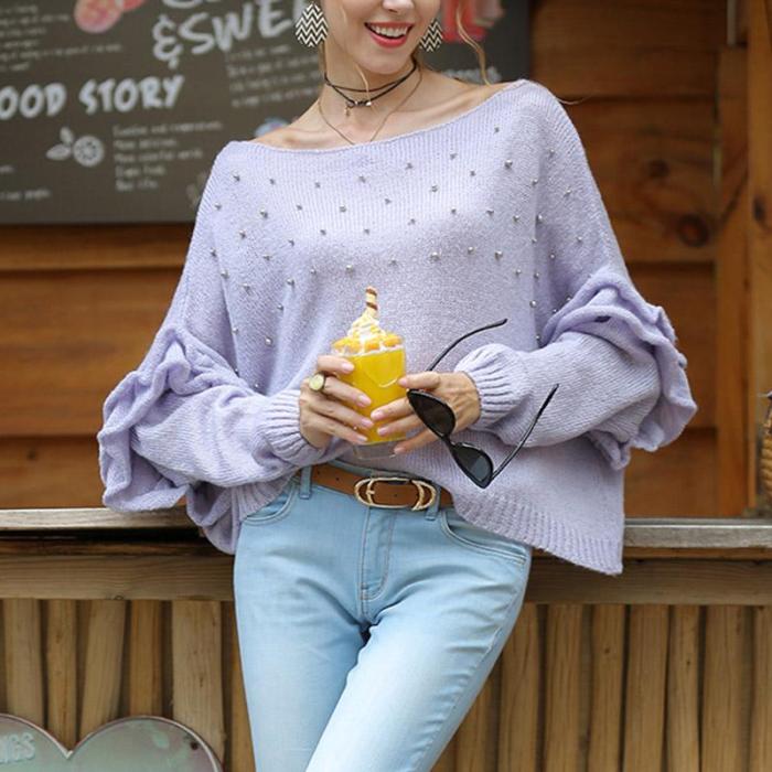 Sweet Trumpet Sleeve Top Loose Boat Neck Sweater