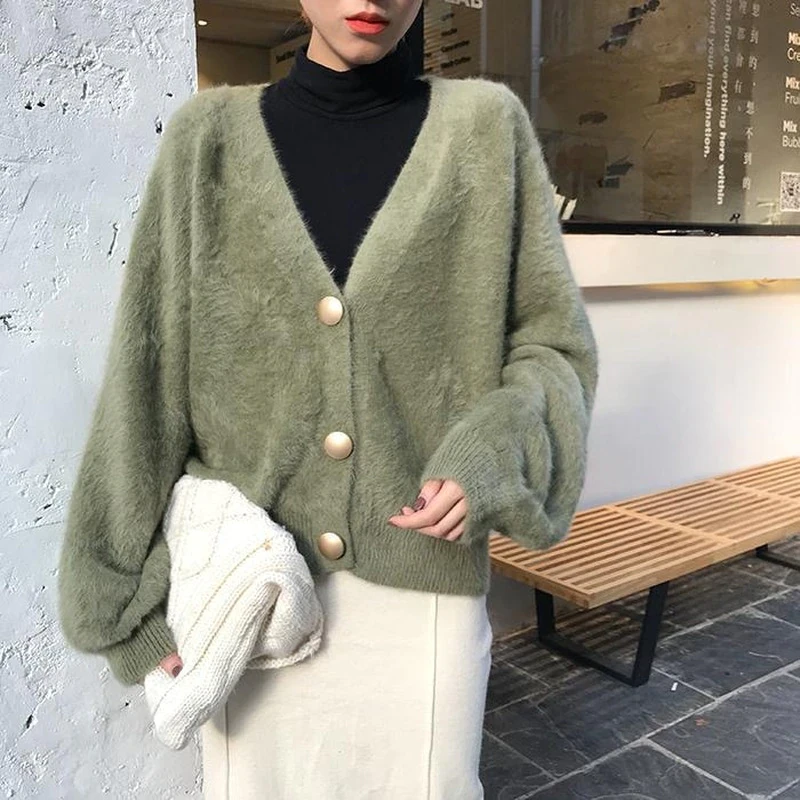 Cardigan sweater women 2021 autumn and winter new Korean version of the lazy V-neck knitted jacket imitation mink loose sweater