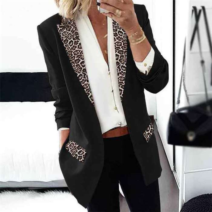 2021 Cross-border Women's European And American Fall/winter Casual Fashion Leopard Print Long-sleeved Small Suit Jacket Women
