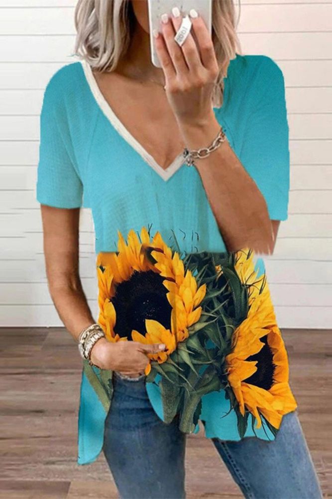 Summer V-neck Short-sleeved Sunflower Print T-shirt Loose Casual Fashion Women's Clothing Summer Plus Size