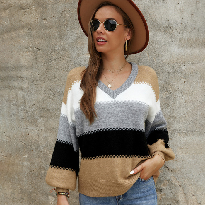 Spring and Autumn Loose Knitted Sweater Women 2022 Fashion Lantern Sleeve Striped Sweaters Ladies Jumpers Female Pullovers Top Femme