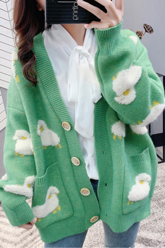 Cartoon Print V Neck Knitted Loose Cardigan