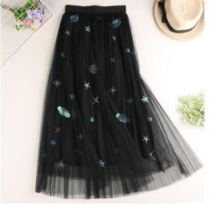 Sweet Embroidered Pleated Tulle Skirt Women Summer A Line Long Skirts High Waist Sequined Planets Mesh Maxi Skirts
