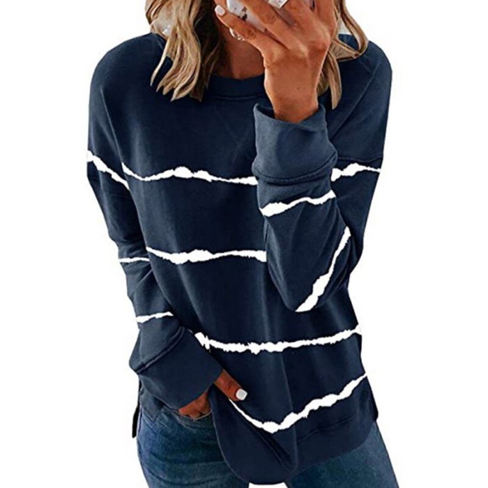 Autumn Women's Shirts Long Dyed Printed Striped Round Neck Loose Long Sleeve T-Shirts