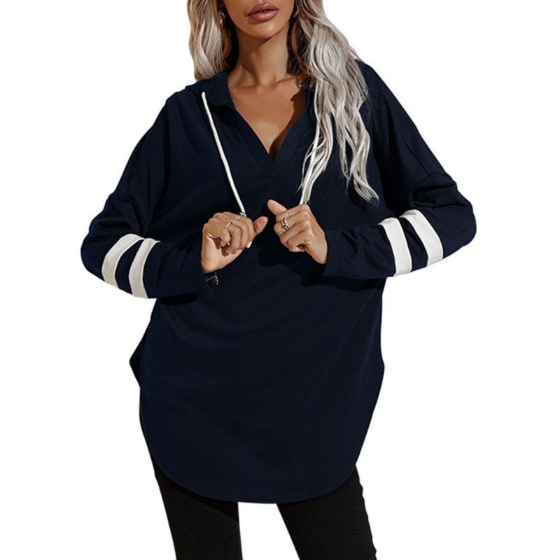 Spring and Autumn Women's Fashion V-neck Loose color contrast stripe stitching Casual Bat Sleeve Hoodie Sweatshirt