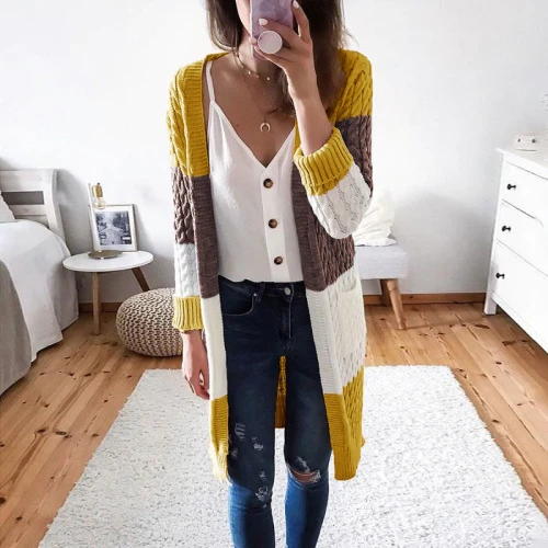 Autumn Winter Fashion Patchwork Knitted Sweaters Casual Long Sleeve Knitted Sweater Women Elegant Warm Pocket Long Cardigan Tops