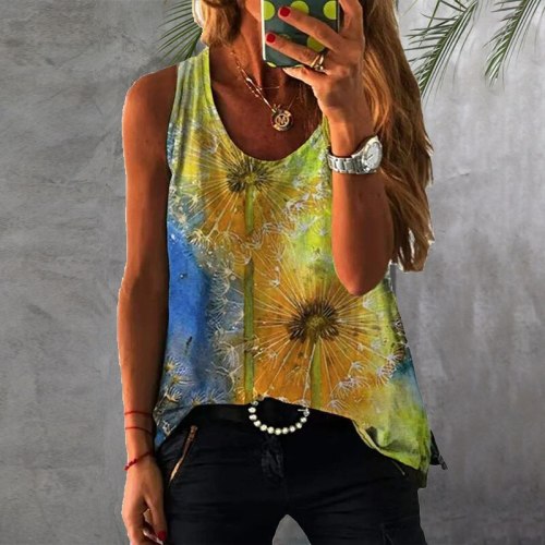 Summer Loose Round Neck Printing Tie-dye Colorful Sleeveless T-shirt Leisure Vacation Style Personality Cool Dyeing Women's Tops