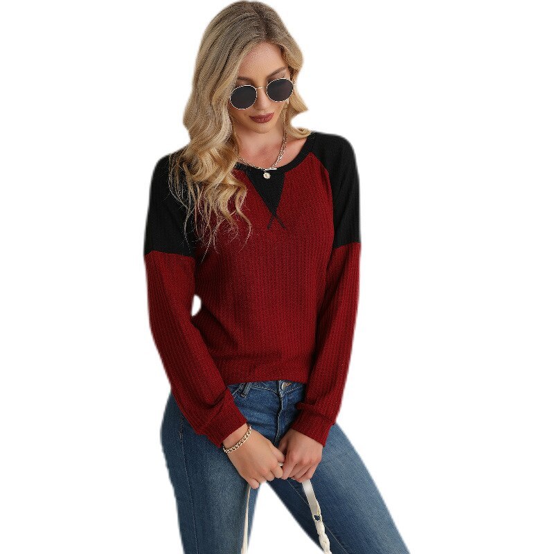 2021 Spring and Autumn Knitted Pullover Top Round Neck Stitching Long-sleeved Sweater England Style Women's Fashion Clothing
