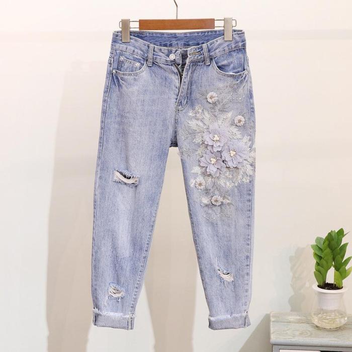 Embroidered Three-dimensional Flower Jeans Women's Spring And Summer 2021 New Fashion All-match Ripped Denim Nine-point Pants