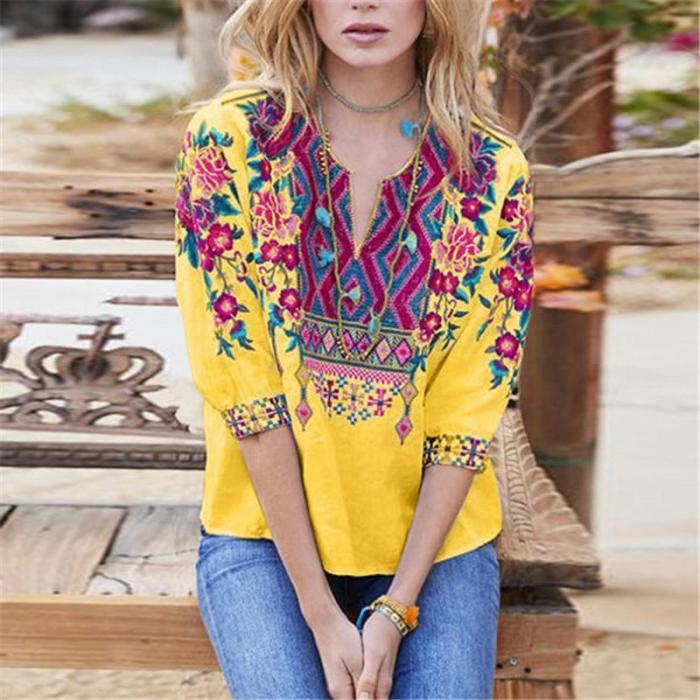 Ethnic Style Embroidered V-Neck Top