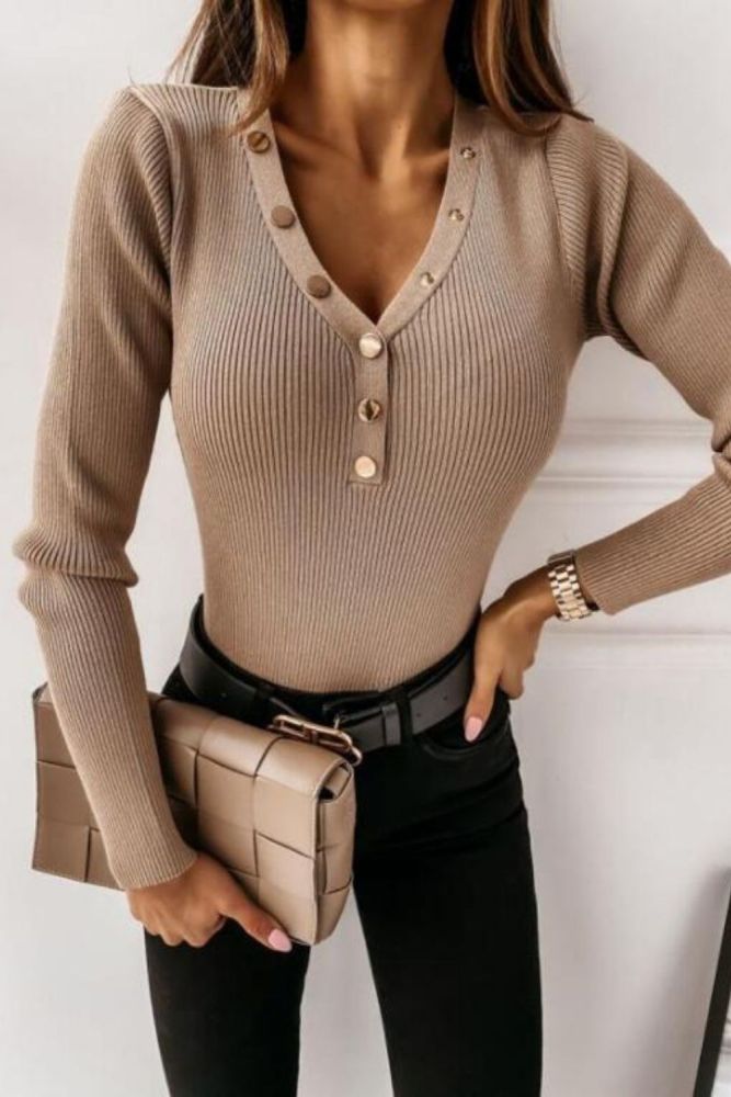 Autumn Winter Solid Color Single-Breasted Sweater Women's Casual Long Sleeve V-neck Slim Fit Pullover Knitted Sweater