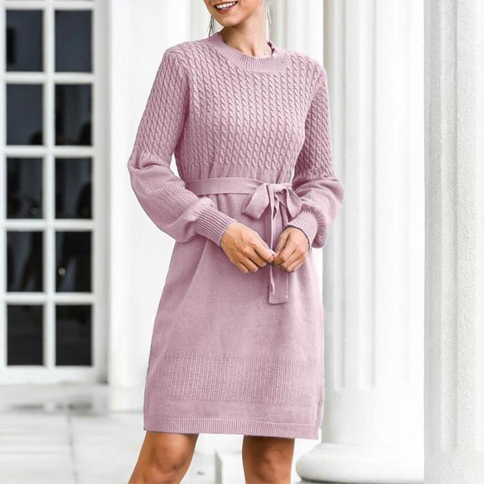 streetally Elegant high waist knitted dress women Office ladies autumn winter belt sweater dress female Soft bodycon midi dress