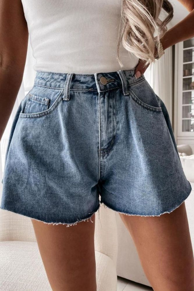 Summer Fashion Ruffles Hem Denim Shorts 2021 New Blue Washed Pockets Zippers Shorts Female Jeans Shorts High Waist Bottoms
