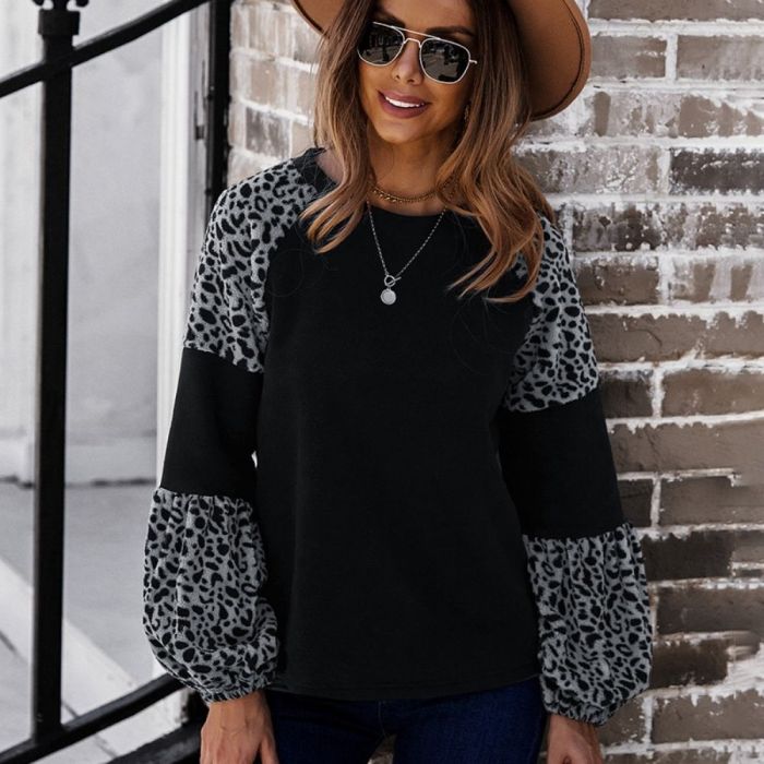 Women Loose Sweatshirts Autumn Spring Round Neck Long Sleeve Leopard Patchwork Pullover Hoodie Tops