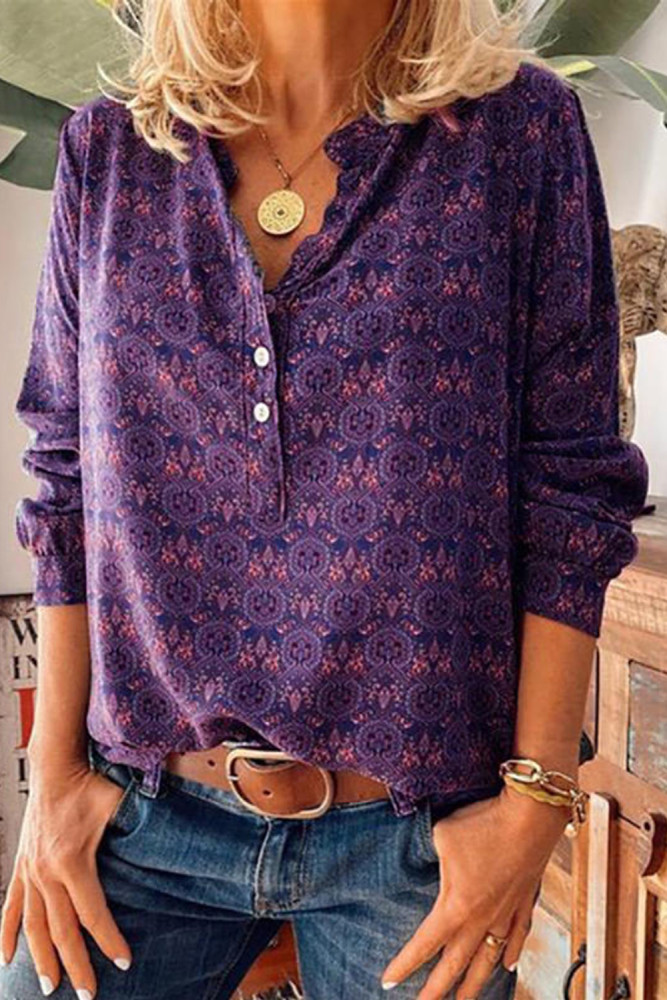 Women Leisure Casual Shirt Single-breasted Print V-neck Top