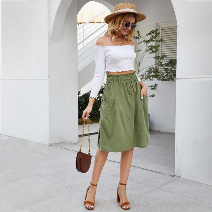 Women Skirts Korean Style Ladies High Waist Midi Knee Length Elegant Cotton Button A Line Skirt Female Pleated School Long Skirt