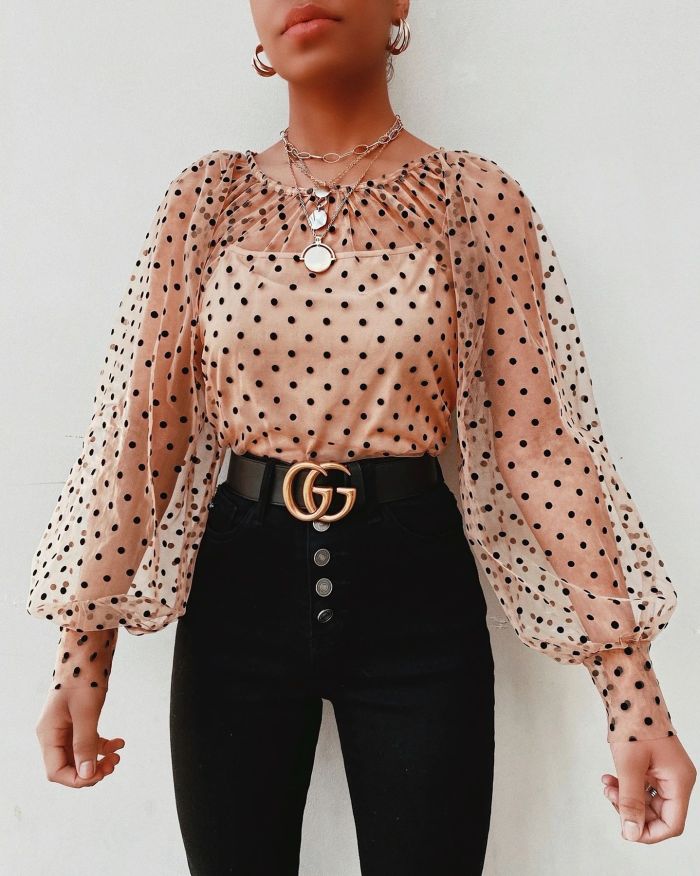 Polka Dot Printed Long Sleeve Women's Summer Top Women Blouses Round Neck Lantern Sleeve Wild Temperament Lace Blouse Top Mujer