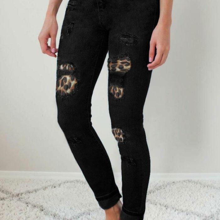 2021 Fall Women's Plus Size Skinny Jeans Solid Color Leopard Patchwork Irregular Ribbed Hole Pencil Pants Stretch Slim Pants
