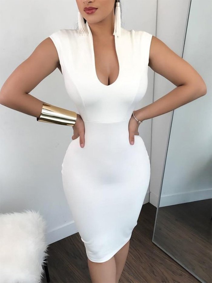 Sexy Stand Collar Sleeveless Pure Colour Bodycon Dresses